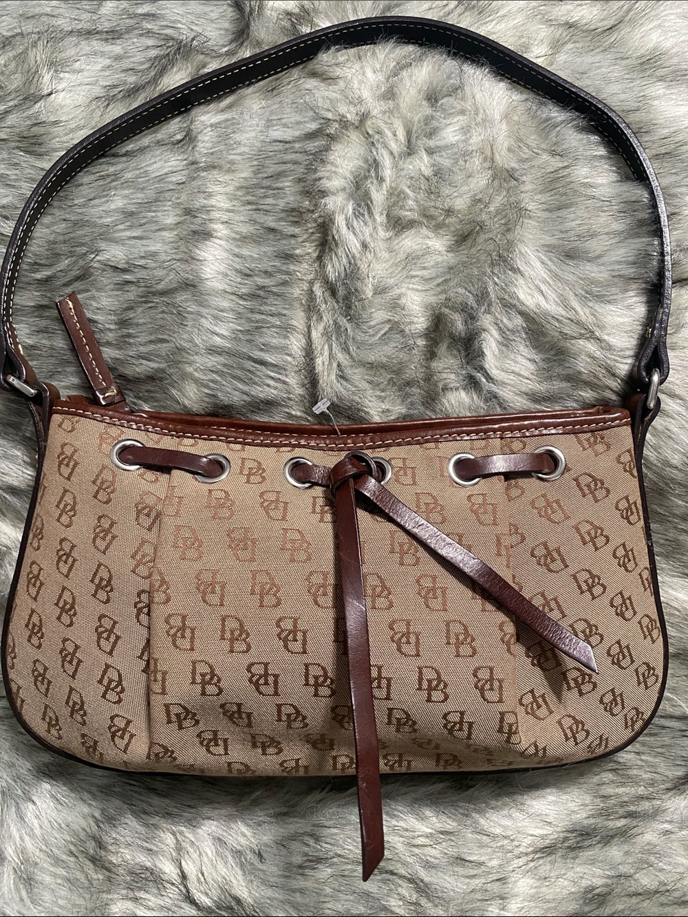 Dooney & Bourke Brown Monogram Shoulder Bag with Drawstring Detail